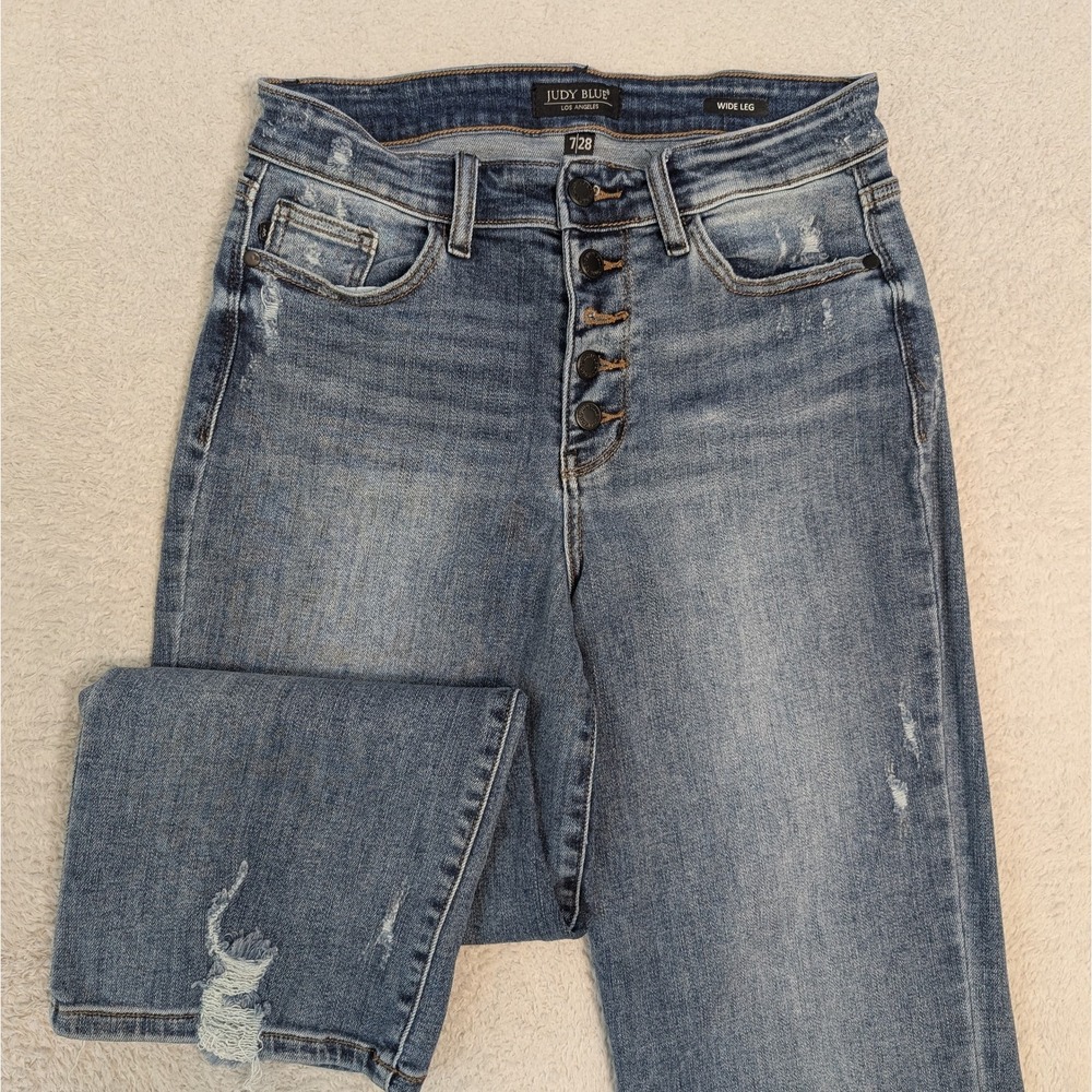 Judy Blue Women's 7/28 Wide‎ Leg Cropped Jeans Button Fly High Rise Distressed